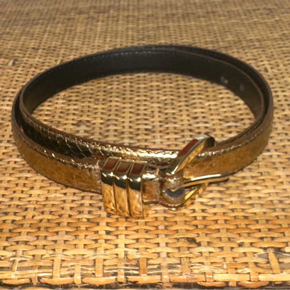 Vintage 80s Womens Large Genuine Snake Skin Skinny Belt Gold Hardware Buckle